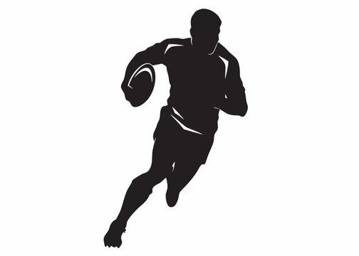Powerful rugby player silhouette running with ball dynamic action shot in black and white vector art style