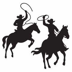 Two cowboys skillfully lassoing on horseback a classic wild west scene in bold black silhouettes against a stark white