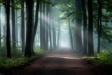 Naklejka premium Foggy woodland path early morning soft light rays piercing trees natural tones balanced composition realistic textures sharp focus in foreground
