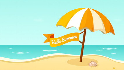 Summer Seaside Paradise: A cheerful scene of summer on the beach, with a vibrant umbrella casting shade over the golden sand and sea, with message "Hello Summer".