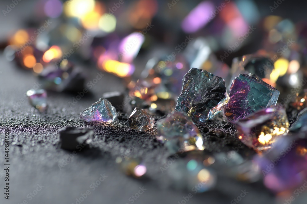 Poster macro photograph showcasing a collection of colorful crystals on a textured gray surface, with abstr