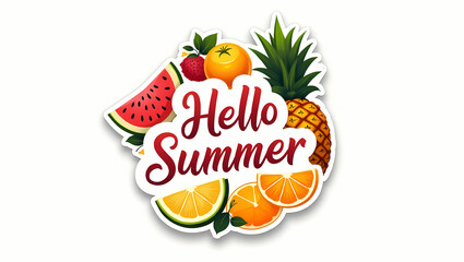 Summer Fruit Paradise: A vibrant collage of sun-kissed fruits and the words "Hello Summer" creates a vivid representation of the season's bounty. It features slices of watermelon, oranges, an apple.