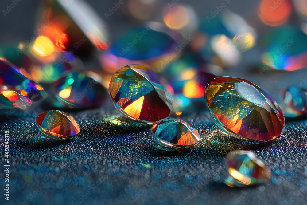 Poster a dazzling array of iridescent gems scattered across a textured surface, reflecting light and color,