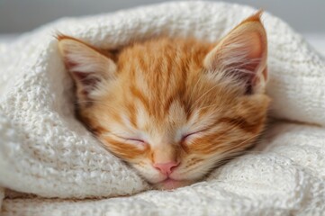 Cute funny ginger kitten sleeps on white blanket on bed