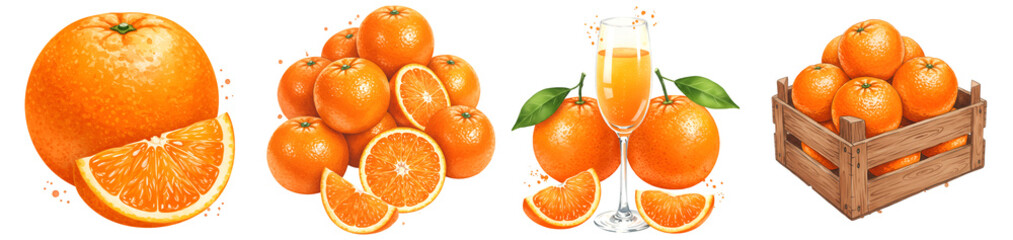 Watercolor Still life showcasing several groupings of oranges with a glass of juice on a plain backdrop on transparent background