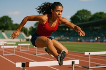 Athlete hurdling outdoor track.