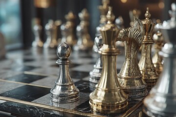 Close-up shot of ornate gold and silver chess pieces on a marble chessboard, in sharp focus, providing a sophisticated and luxurious feel for strategy and intellect.