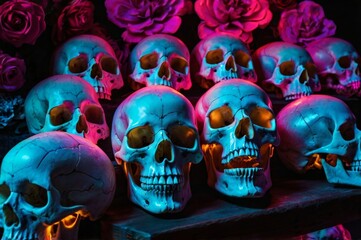 skulls in neon light for Day of the Dead celebration