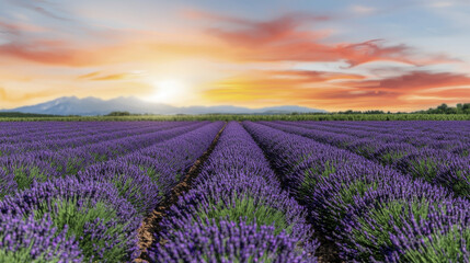 Obraz premium Lavender field at sunset with vibrant colors and mountains in background creates serene and picturesque landscape