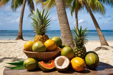 tropical papayas, coconuts, pineapples and other tropical fruits on table