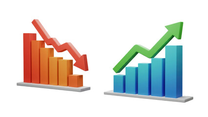 Three-dimensional bar graphs illustrate contrasting trends; one set of bars displays a decline, the other shows an upward increase. transparent png