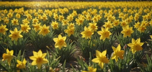 Sunlit field of vibrant yellow daffodils, petals glistening ,  yellow,  cheerful,  floral