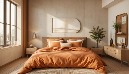 Warm and stylish bedroom setup featuring orange textiles, wooden bedside table, plants, and cozy decor—perfect for showcasing minimalist lifestyle and bedroom styling concepts.