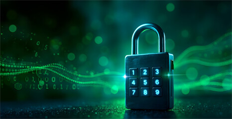 Cybersecurity concept showing a glowing digital lock over a binary code background, symbolizing data protection, encryption, and secure digital access.