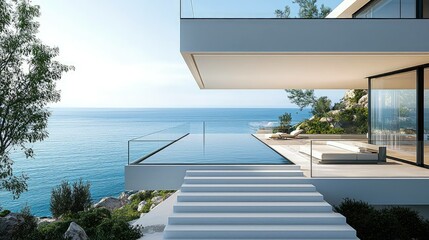 Modern architectural rendering of a coastal building with panoramic view