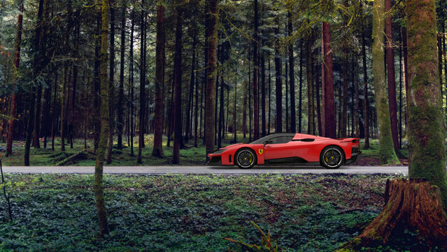 italian car ferrari f80 2025 on a forest road