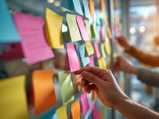 Close-up of colorful Post-it notes on a glass board, modern collaborative workspace, blurred background, multicultural hands,  soft tones, creative thinking moment, minimalist context.