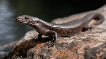 Fototapeta premium Sharp-Eyed Skink Basking on Sun-Drenched Rock near Water