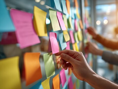 Close-up of colorful Post-it notes on a glass board, modern collaborative workspace, blurred background, multicultural hands,  soft tones, creative thinking moment, minimalist context.