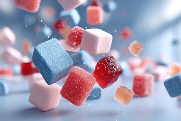 Colorful assortment of candy and marshmallows in motion, a delightful array of sugary treats falling against a soft blue background, creating a playful and tempting scene.