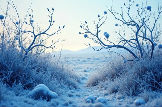Serene winter landscape with frost-covered twigs and snowy field