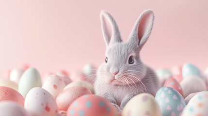 Cute gray bunny surrounded by pastel Easter eggs