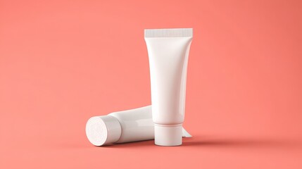 Blank white cosmetic tubes mockup on light coral background, one upright and one lying flat