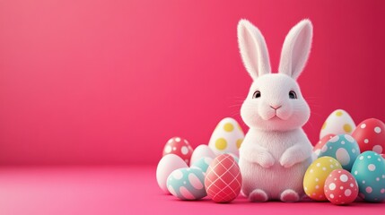 Obraz premium Fluffy white Easter bunny surrounded by colorful eggs on a pink background