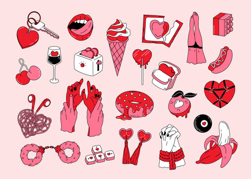 Vintage set stickers of Valentine's Day and Love. Minimal design concept of romantic elements and symbols. Doodle pack for daily planner, scrapbooking, print. Hand drawn retro vector illustration