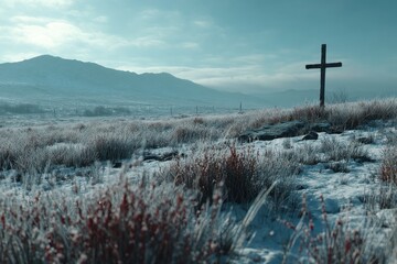 An eerie, snow-covered landscape with a cross standing prominently in the foreground, with mountains fading into a hazy blue sky offering a somber and spiritual scene.
