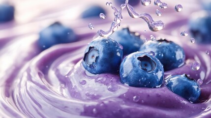 Droplets splashing on blueberries in creamy swirl kitchen food vibrant colors
