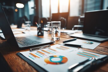 Conference room table with laptop, business documents, and water glasses, ready for a meeting, under the sunlight shining through the window.