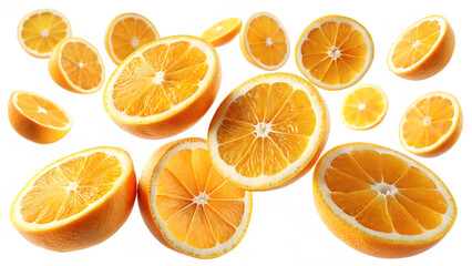 Obraz premium Juicy orange slices falling isolated on a white background png ai