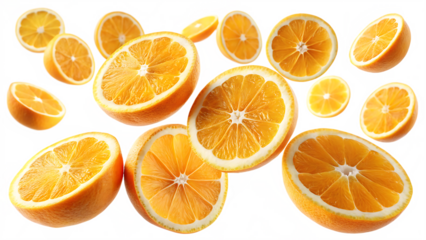 Juicy orange slices falling isolated on a white background png ai