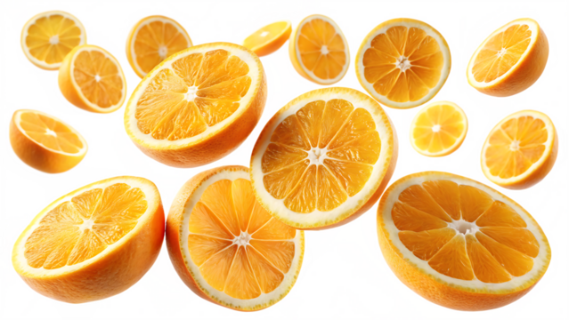 Juicy orange slices falling isolated on a white background png ai