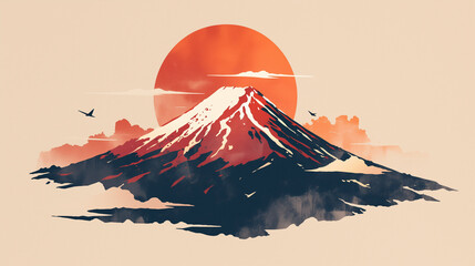 富士山　浮世絵風の赤い山と大きな太陽
