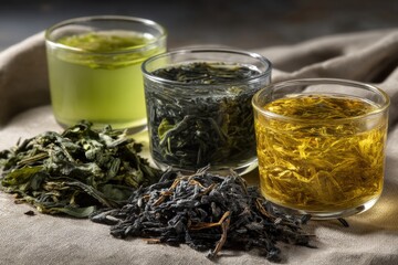 Fototapeta premium Aromatic assortment of steeped tea varieties, showcased in clear glasses with vibrant colors and fresh, dried tea leaves, offering a delightful and healthy beverage choice.