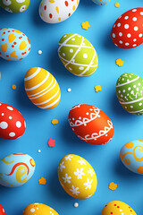 Fototapeta premium Colorful Easter eggs scattered on a bright blue background with playful floral decorations