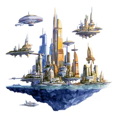 Papier peint photo intissé Futuristic Floating Cityscape An Imaginative Watercolor Illustration of a Modern Metropolis on a Landmass.
