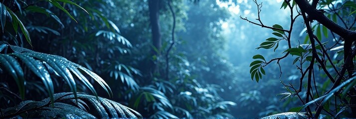 Fototapeta premium Misty tropical rainforest with lush foliage and dew-covered leaves at dawn