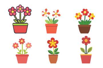 Six potted flowers display colorful blossoms and diverse pot shapes on a transparent background