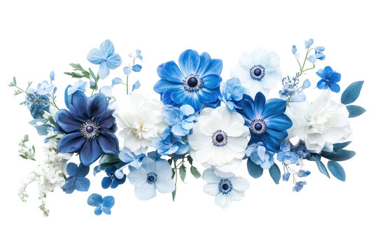 Beautiful floral arrangement with blue and white tones isolated on white background for romantic themed projects