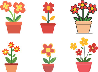 Six potted flowers with colorful blossoms present a vibrant and cheerful decorative collection on a transparent background