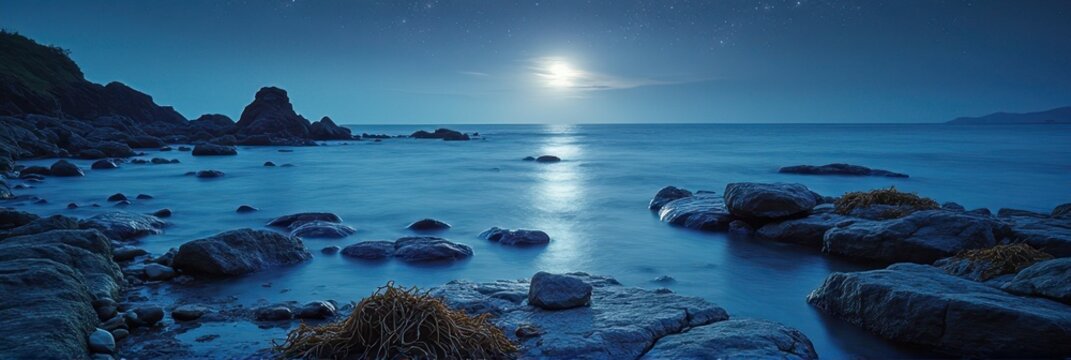 Moonlit rocky seascape with starry night sky and tranquil ocean waves