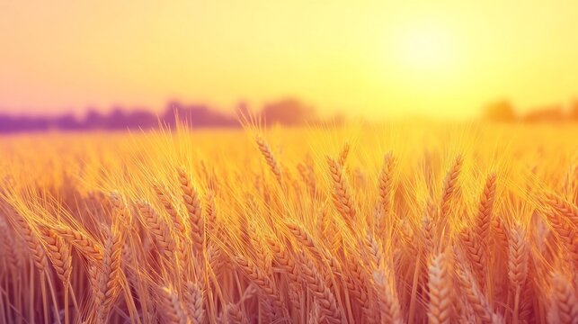 Golden wheat field dusk with yellow orange to lavender sky gradient smooth light transitions peaceful scene vivid warm tones