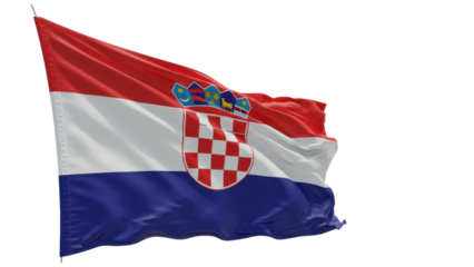 Rendered image of the Croatian flag billowing in the wind, set against a background of diagonal bands in various shades of red, white, and blue.