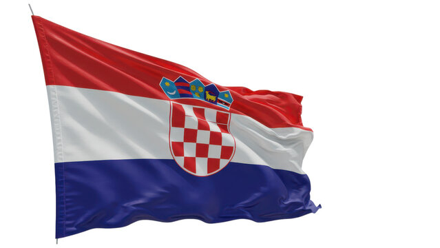 Rendered image of the Croatian flag billowing in the wind, set against a background of diagonal bands in various shades of red, white, and blue. - Powered by Adobe