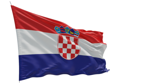 Rendered image of the Croatian flag billowing in the wind, set against a background of diagonal bands in various shades of red, white, and blue.