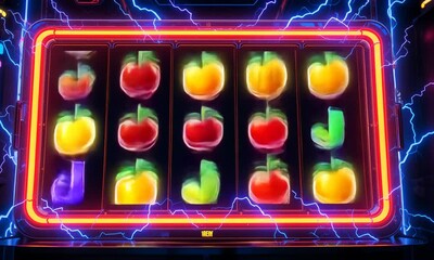 Glowing neon fruit symbols spinning on a digital slot machine screen with electric blue lightning effects in the background. Concept for online casino game thrill