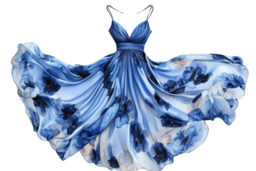 Beautiful blue floral dress illustration isolated for elegant outfit mockups and creative apparel presentations